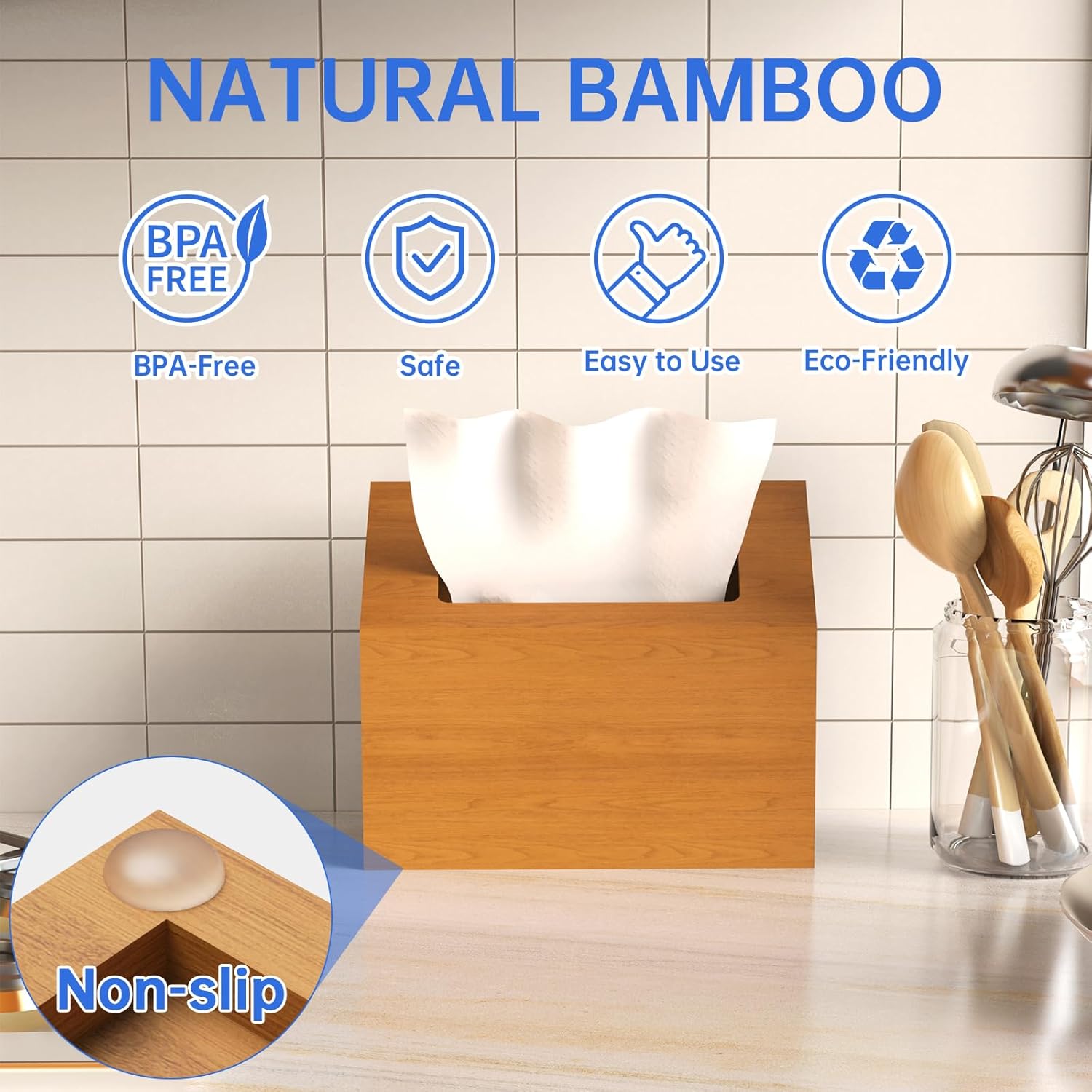 NiHome Pine Wood Tissue Box Cover for Kleenex Hand Towels, Easy Refill Bottom Pull Design, Dual-Use Upright or Inverted Holder with Anti-Slip Base for Bathroom, Kitchen, or Bedroom (Walnut Color)