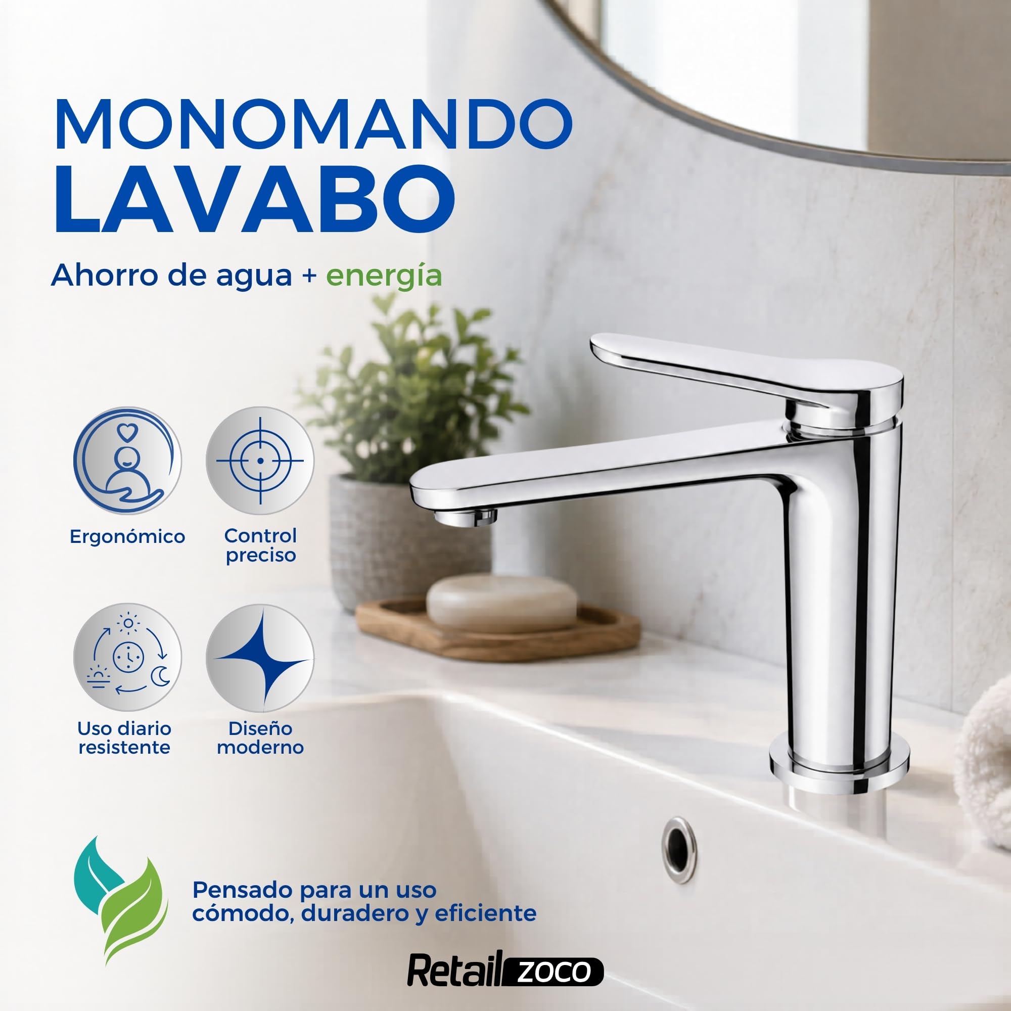 Grifo de Lavabo Monomando, Grifo Borras Colección Avance, con cartucho de doble step para el ahorro de energía y agua, Altura total de 138 mm, proyección del caño de 145 mm, acabado cromado