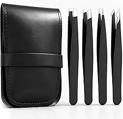 [4 + 1 peças] Conjunto de pinças de aço inoxidável para sobrancelhas e pinças para cabelos faciais femininos, pinças de precisão multiestilos à prova de ferrugem, unissex com estojo de viagem