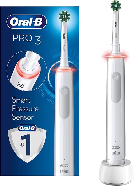 Oral-B Pro 3 Electric Toothbrush with Smart Pressure Sensor, 1 Cross Action Toothbrush Head, 3 Modes with Teeth Whitening, 2 Pin UK Plug, 3000, White