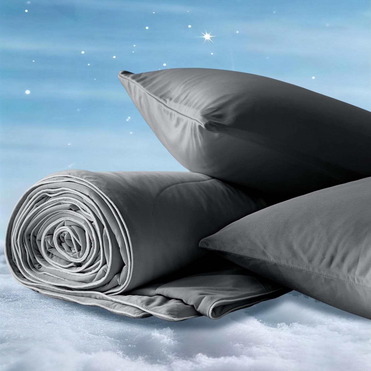 DOWNCOOL Cooling Comforter Set Queen Size,Lightweight Blanket for Hot Sleepers,Ultra-Cool Fabric with Moisture-Wicking & Quick-Dry,3 Pieces Bedding Sets,10cm Cooling Envelope Pillowcases(Grey,90"*90")
