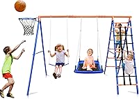 Vista 1 de Kiriner Swing Sets for Backyard, 5 in 1 Swing Sets with Heavy Duty Double Reinforced, 440lbs Saucer Swing, Belt Swing, Climbing Rope, Climbing