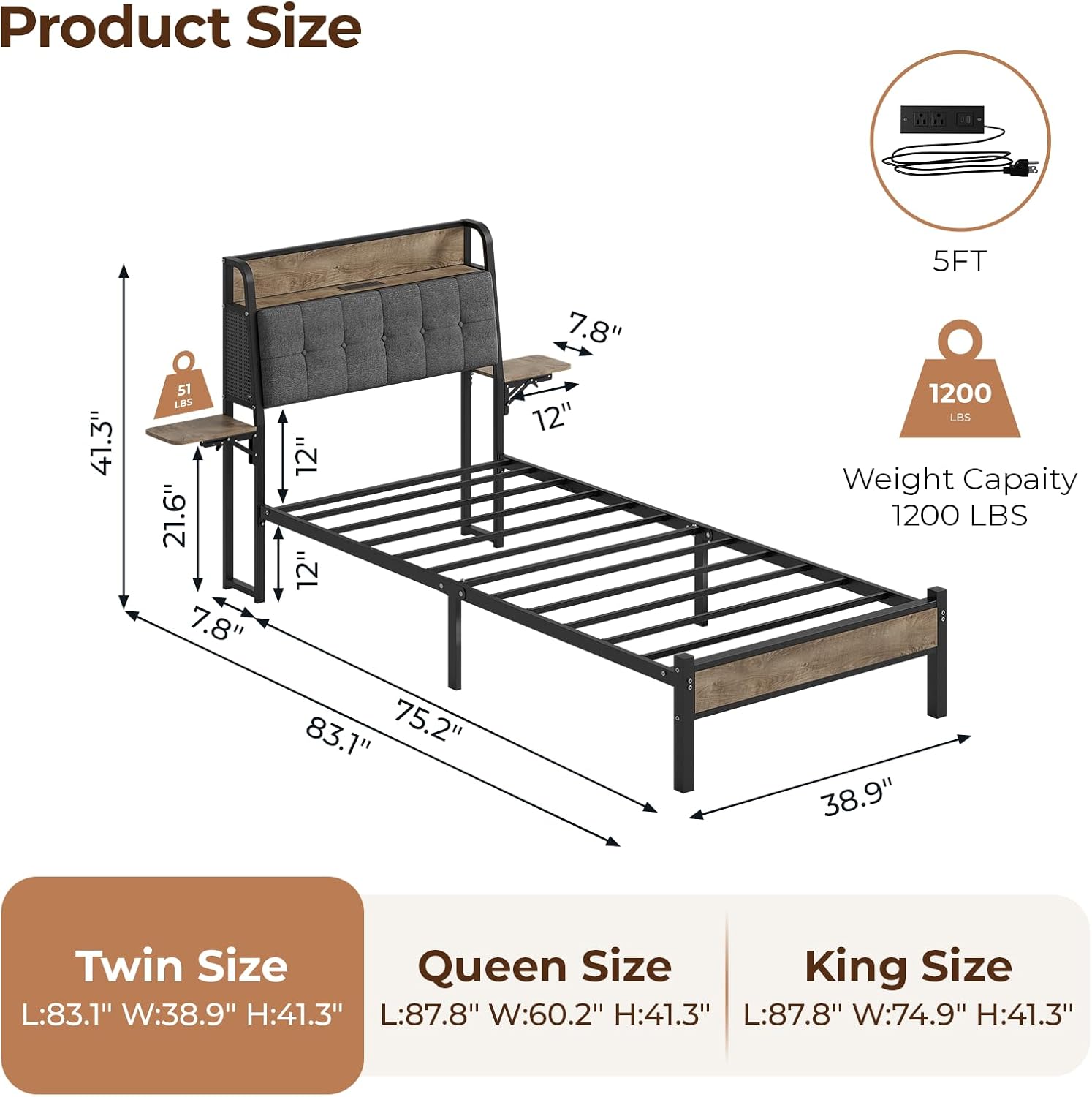 Twin Bed Frame with Storage Headboard & LED Lights, Metal Platform Bed with Folding Shelves and Charging Station, No Box Spring Needed, Easy Assembly, Noise-Free, Black