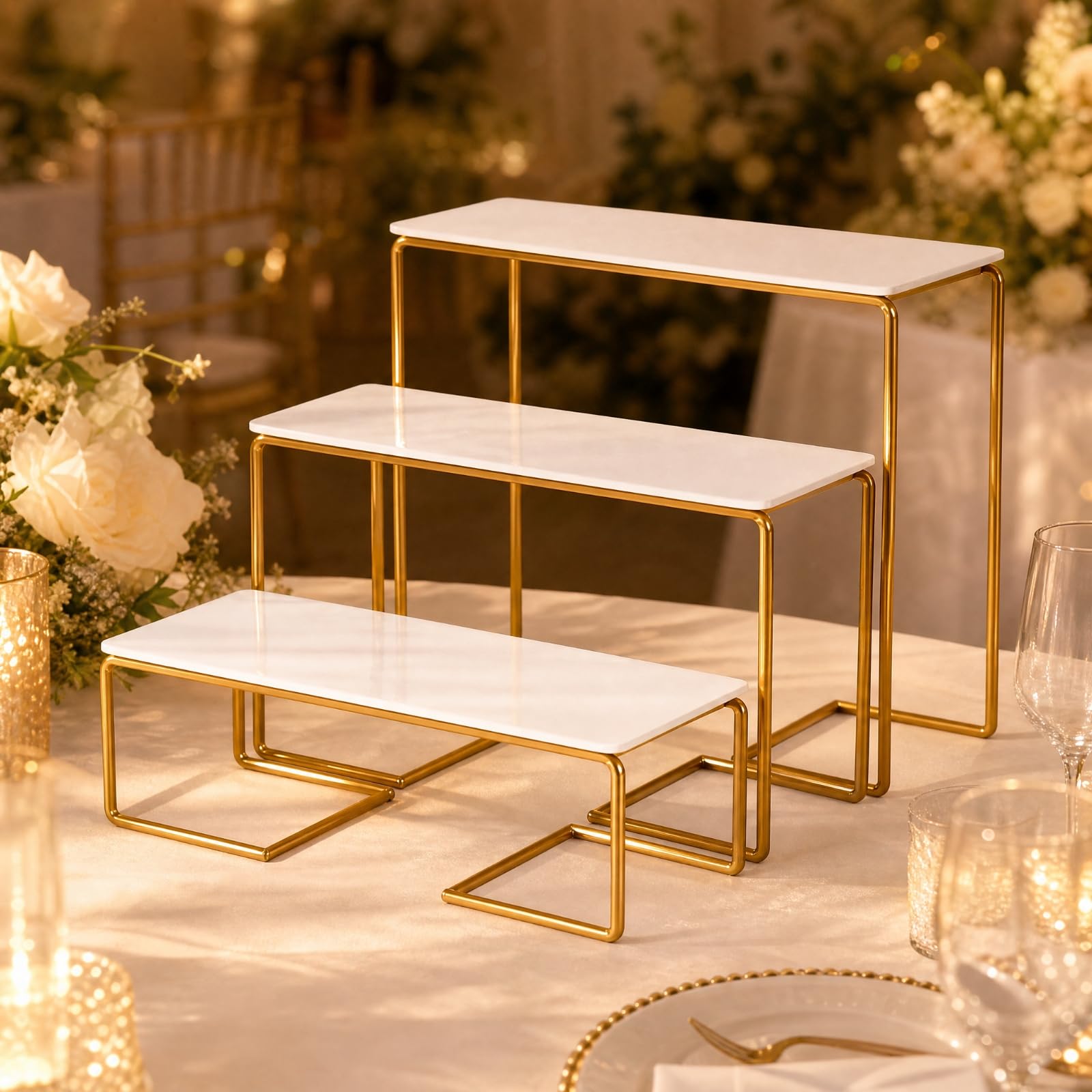 3 Piezas Soporte Postres Escalonado Rectangular Reutilizable Bandeja Servir Rectangular Multifunción para Cumpleaños, Dorado, Rectangular 3-Piezas