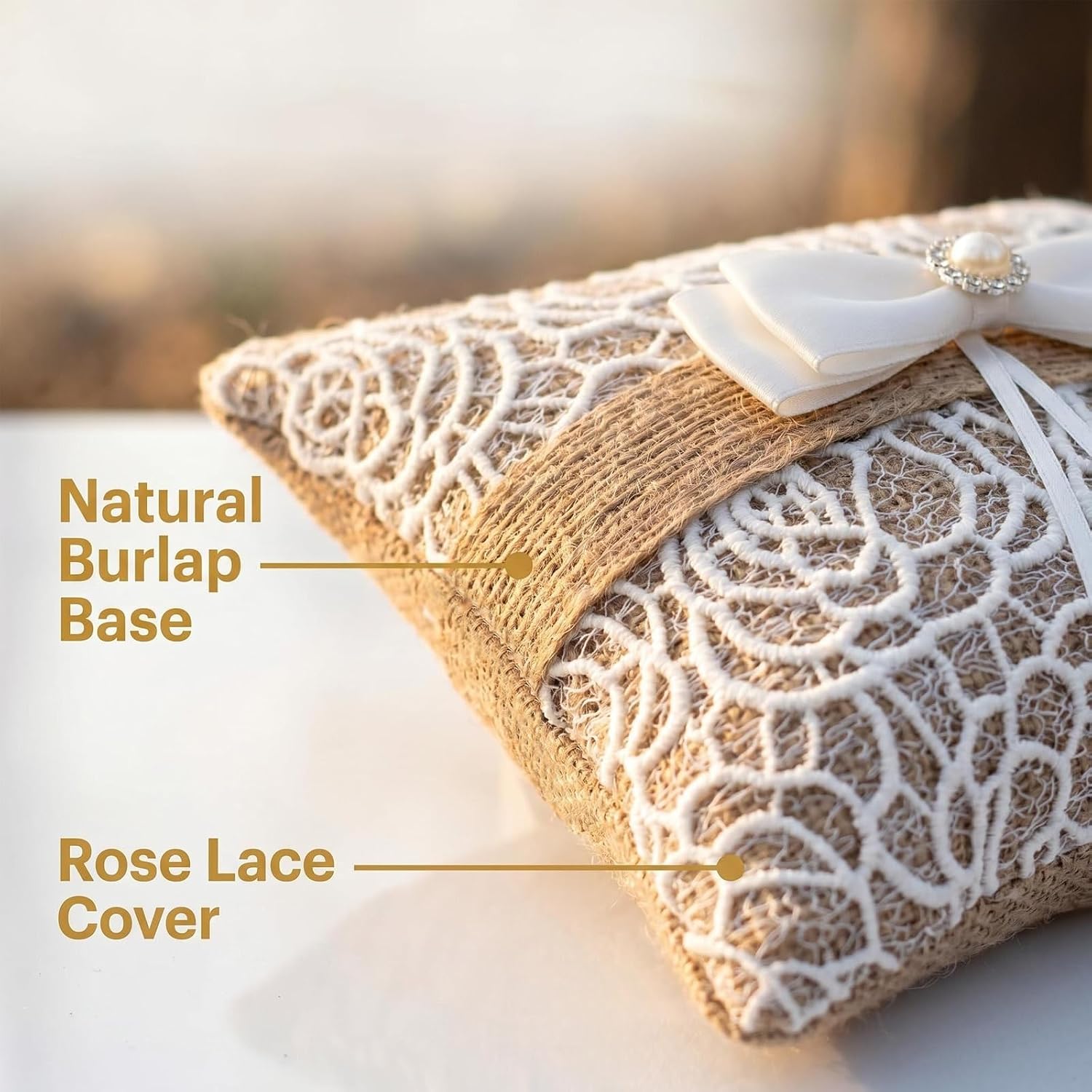 QIRMIZI Ring Pillow – Burlap Wedding Ring Pillow with Lace Trim, Perfect for Fall & Rustic Country Themed Weddings (5.9x5.9 inch)