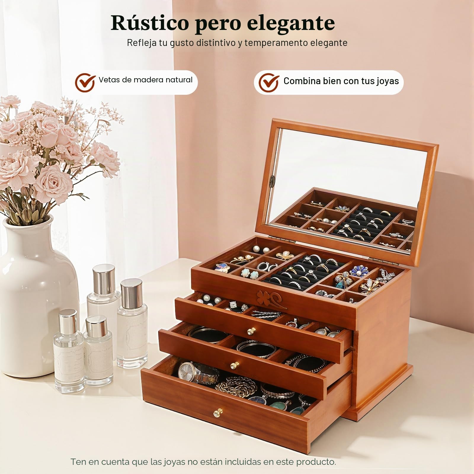 Joyero para mujer, joyero grande con 4 niveles, de madera, 31 x 19,3 x 19,7 cm, con asa para anillos, pendientes, collares, pulseras, etc