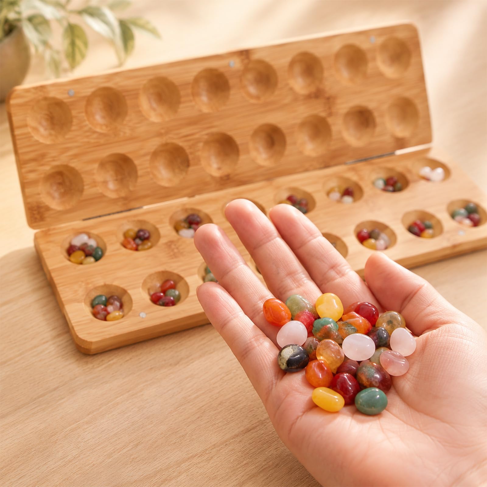 Steinchenspiel Hus - Bao - Kalaha Edelstein Match Schach Bohnenspiel für 2 Spieler Muschelspiel für Kinder Erwachsene Spannendes Strategiespiel aus Holz