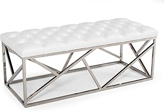 Overstock Modrest Lindsey Modern White Leatherette & Stainless Steel Bench