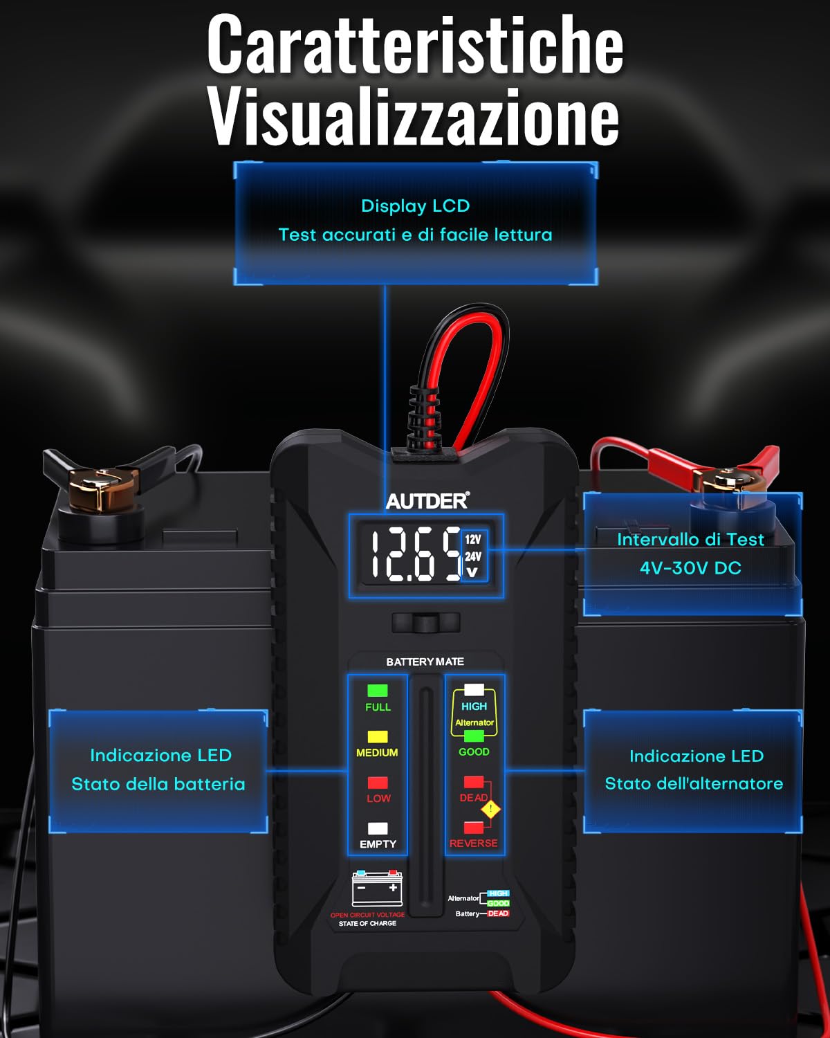 AUTDER Tester Digitale della Batteria, Volmetro 12V/24V per Batterie Auto & Moto, Analizzatore del Sistema di Carica Alternatore con Display LCD e Indicatori LED, Due Modalità di Test
