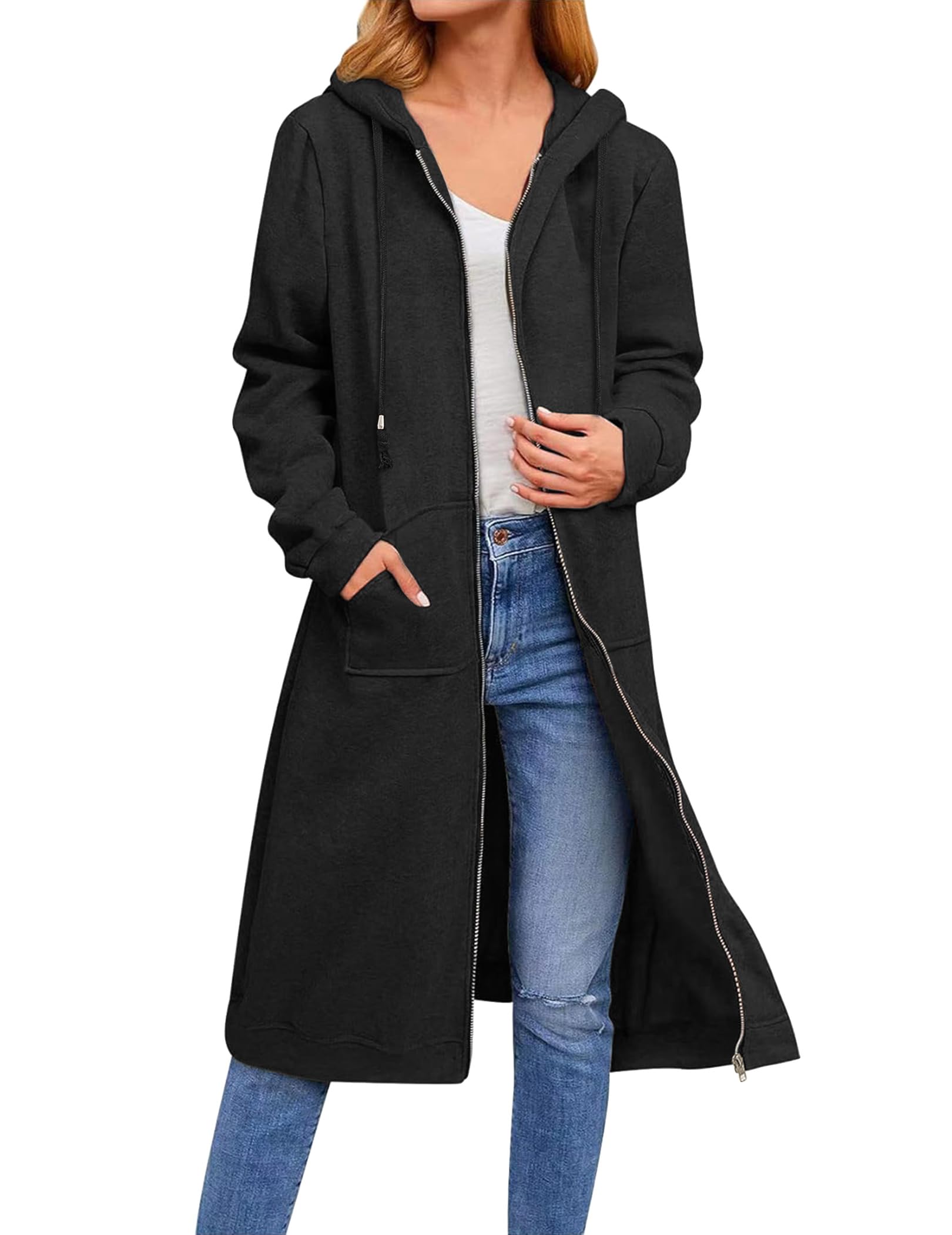 Zeagoo Felpe con cappuccio da donna con zip oversize in pile felpe a tunica lunga casual a maniche lunghe 2024 autunno giacca con cappuccio cappotto, nero, XXX-Large