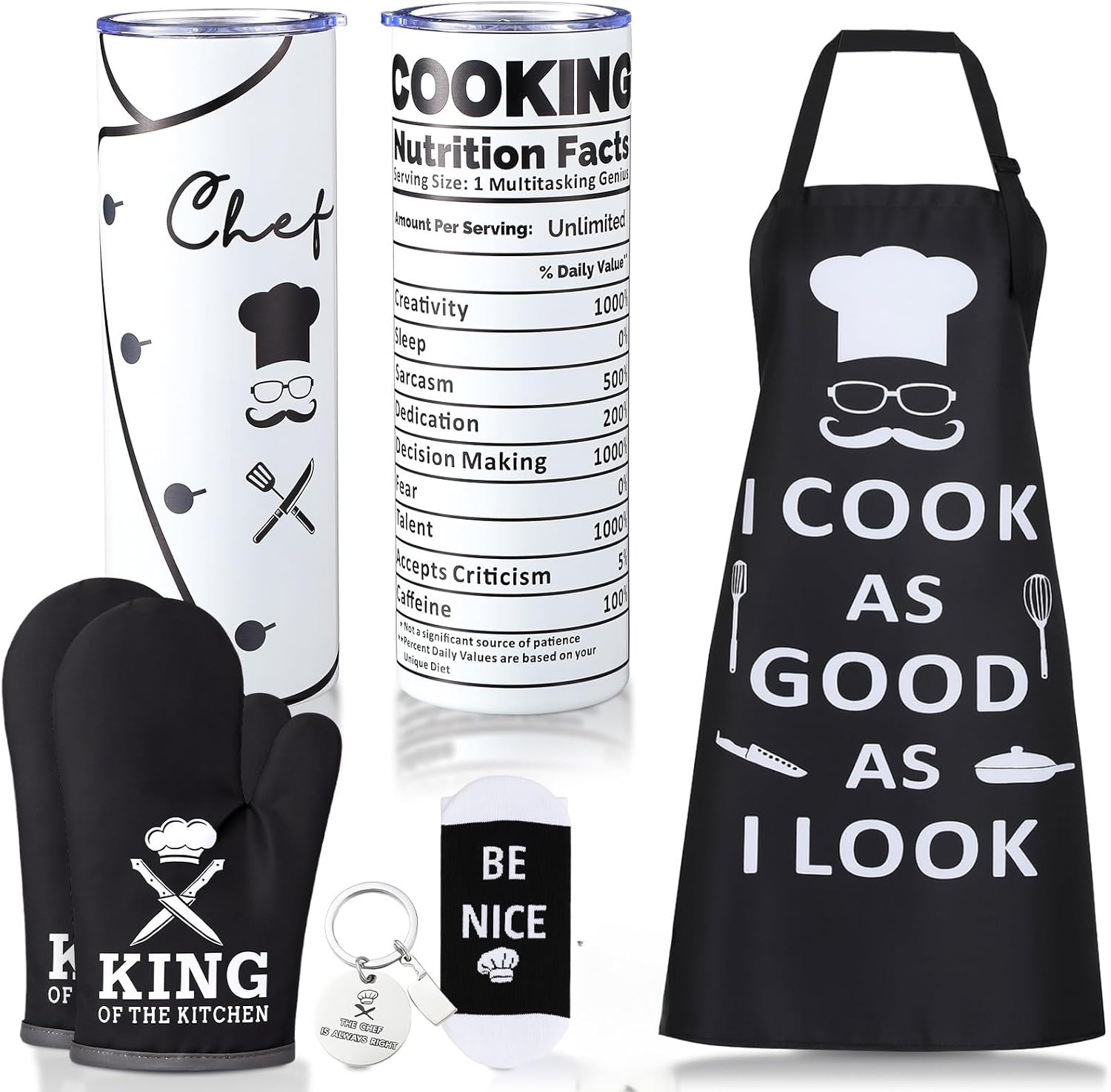 Sieral 7 Pcs Father's Day Chef Gifts for Men Include Apron Tumbler Oven Mitts Socks Keychain Greeting Card with Box for Cook Lovers Culinary Students BBQ Kitchen Baking Cooking Gift