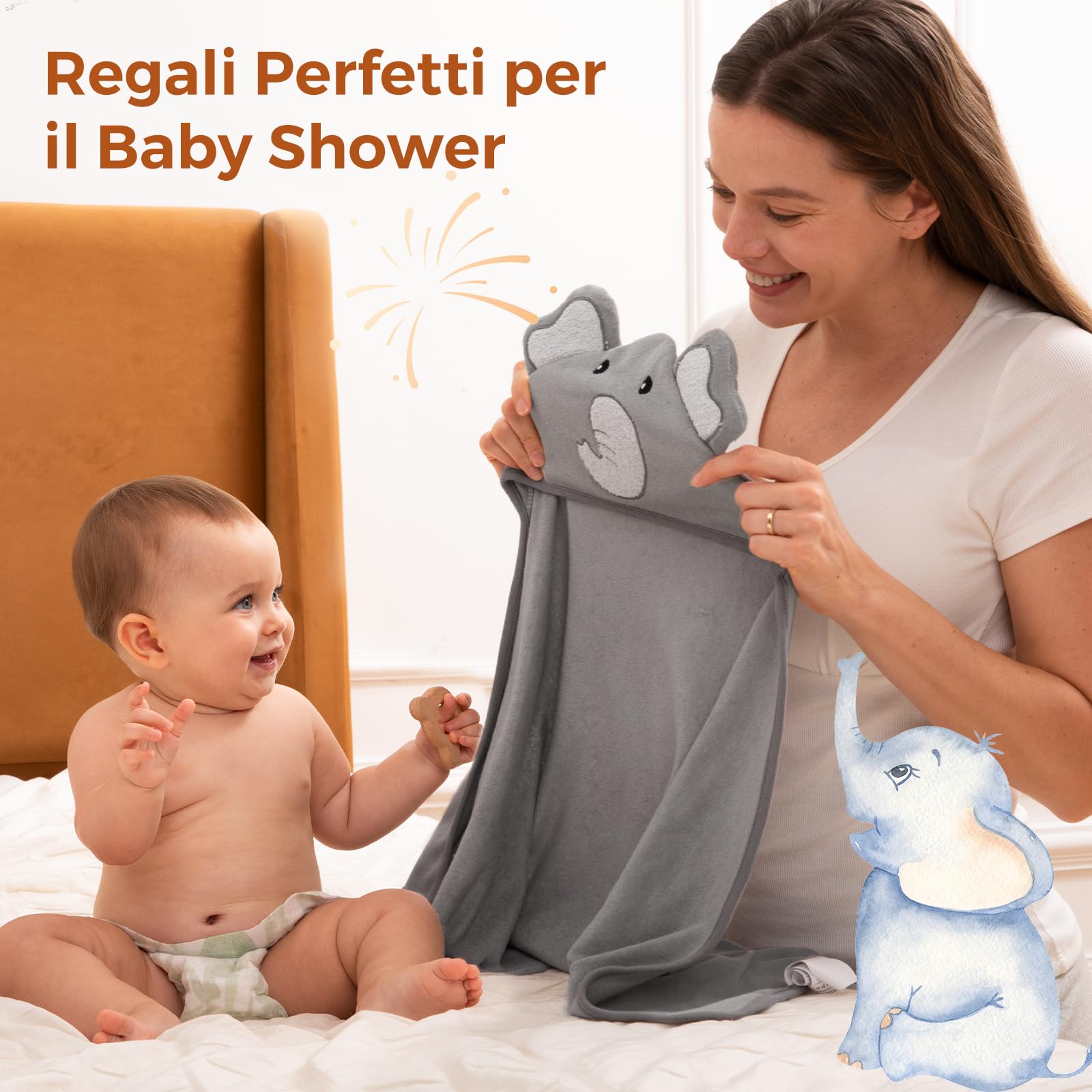 momcozy Set Asciugamani per Bambini 8 pz con Cappuccio, 2 Accappatoi Neonato 76x76 cm + 6 Quadrati Cotone 24x24 cm, Morbido e Super Assorbente, Elefante – Regalo Nascita Bimbo, Regali Neonata Femmina