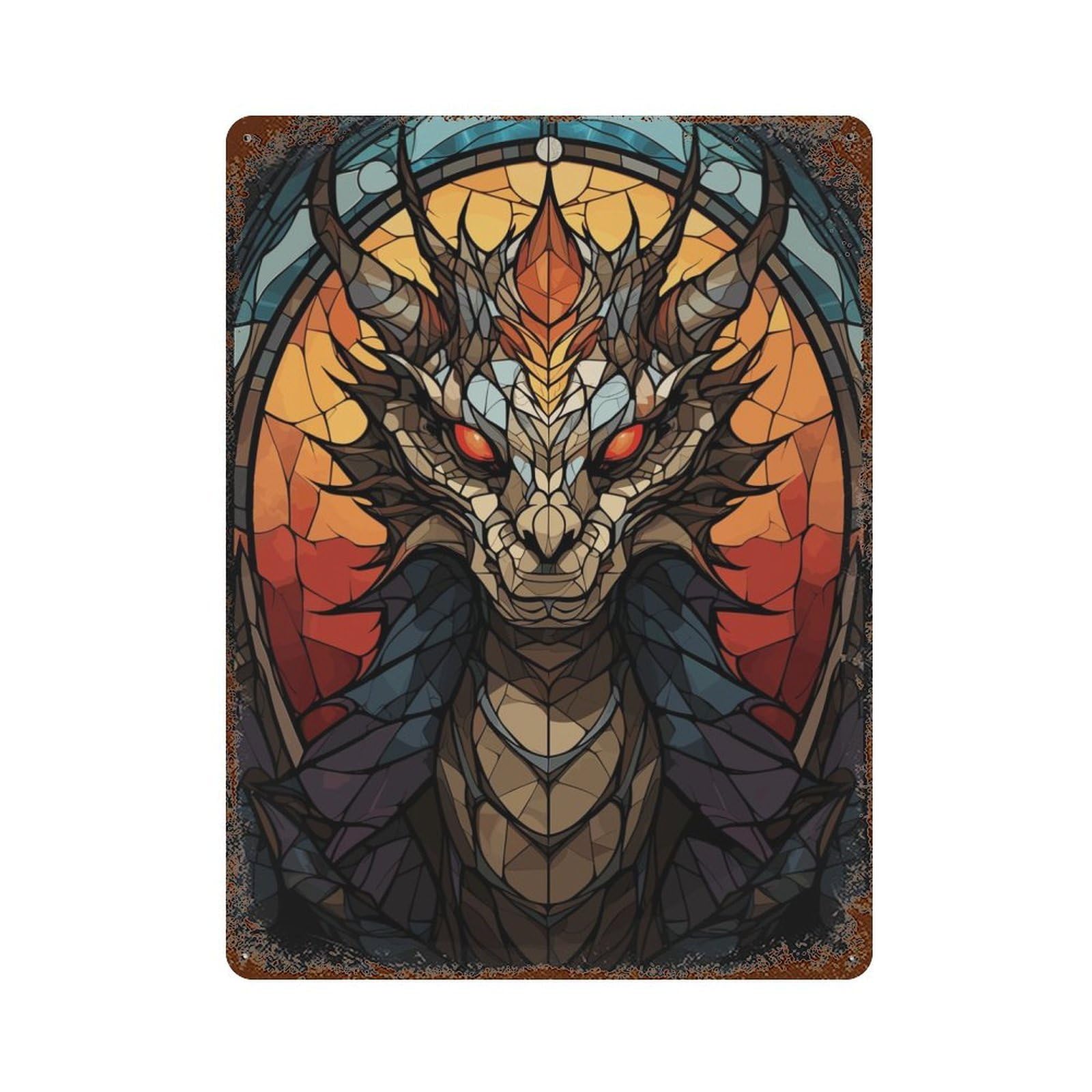 Dragon Stained Glass Retro Metal Sign 15.7"x11.8", Shabby Chic Decor for Bistro, Counter And Cafe Decor
