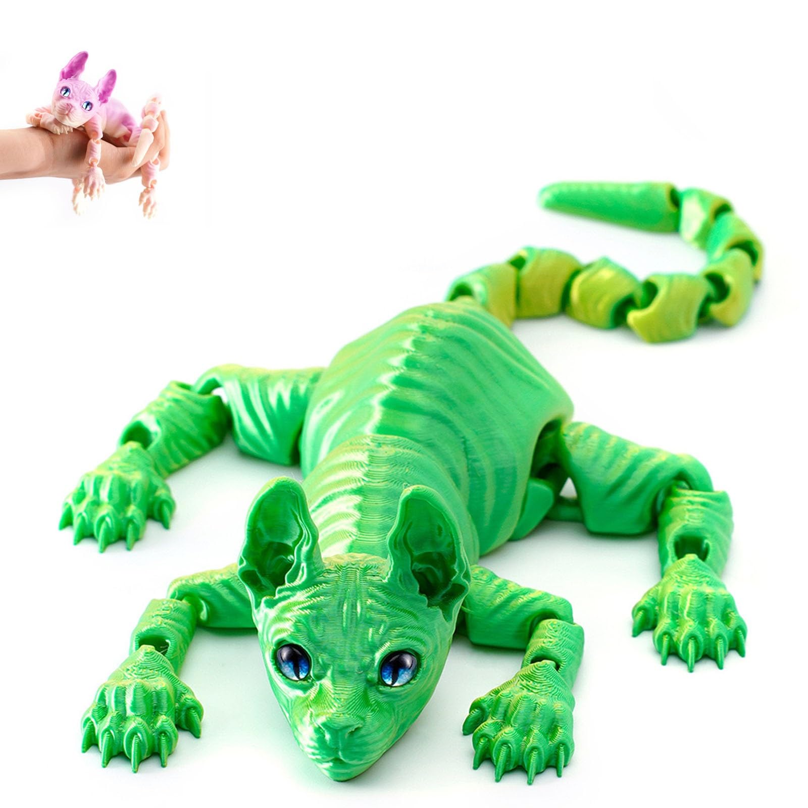 Mystic Meow – 3D Guardian Cat, 3D Printed Cute Hairless Cat, Realistic Flexible Articulated Joints Animal Figurine, Gifts for Cats Lovers, Fantasyfans and Creatives(Green,30cm)