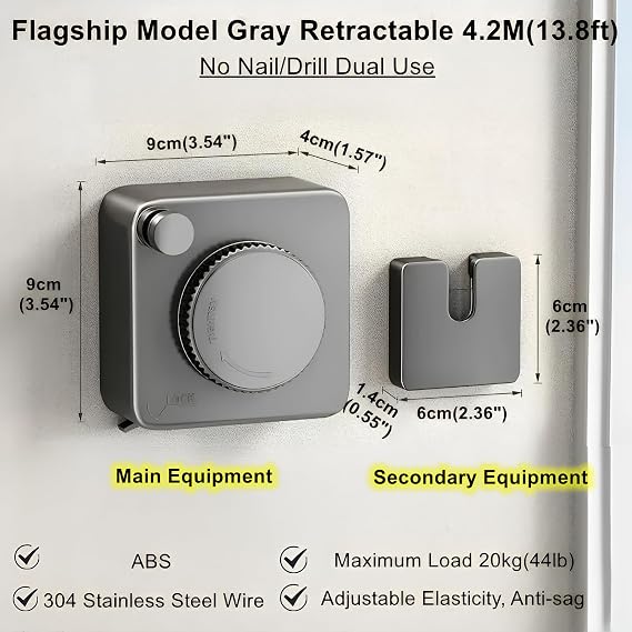 Heavy Duty Retractable Clothes Line (20kg Load), 4.2m Stainless Steel Wire Washing Line, Wall Mounted Laundry Dryer, Rustproof Adjustable String for Indoor & Outside (Grey)