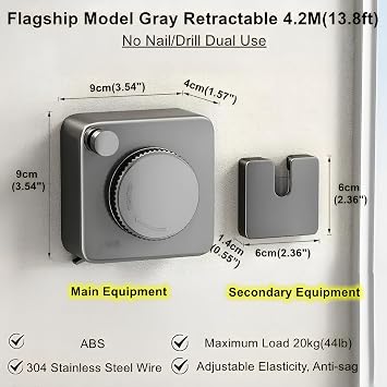 Heavy Duty Retractable Clothes Line (20kg Load), 4.2m Stainless Steel Wire Washing Line, Wall Mounted Laundry Dryer, Rustproof Adjustable String for Indoor & Outside (Grey)