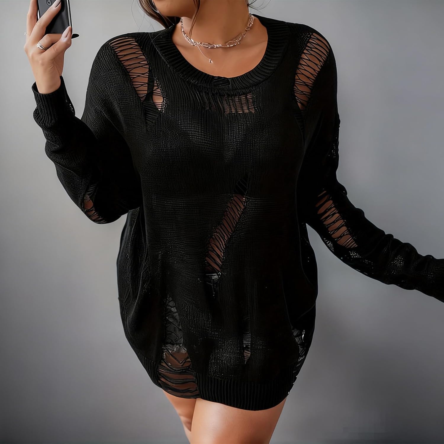Ripped Drop Shoulder Sweater Round-Neck Pullover Jumper Women's Gothic Distressed Sweater