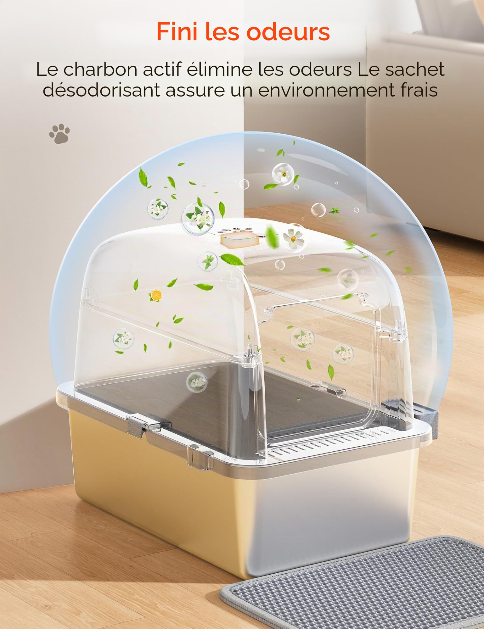 MeoWant Bac à Litière Chat XXL Acier Inoxydable 60x40x45cm, Toilette Fermée Amovible Anti-Fuite Anti-Dérapant, Grand Espace Multi-Chats, Accessoires Inclus Pelle Tapis Sac Charbon Actif Couleur Gris