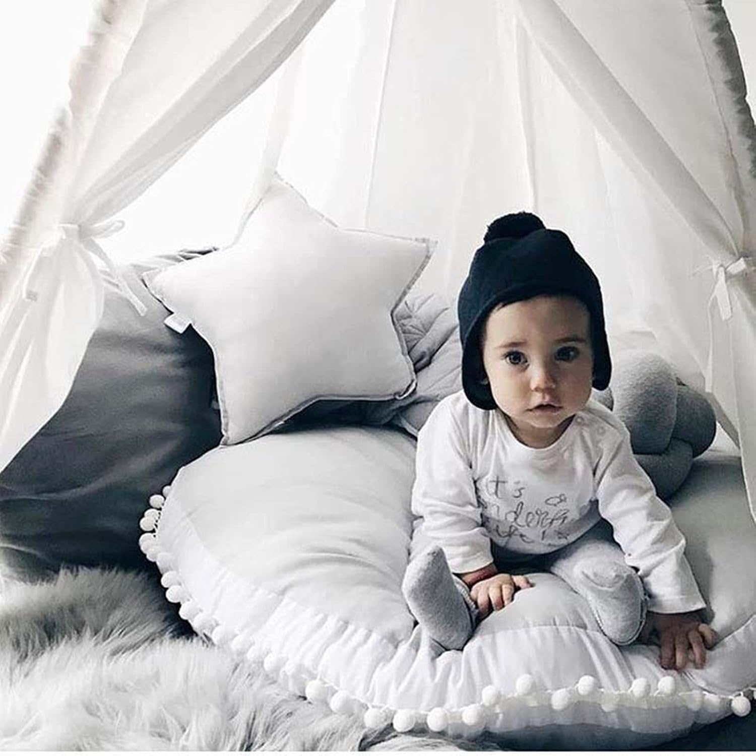 Kids Floor Pillow Cushion Seating Round Large Floor Cushion, Oversized Circle Pillow for Reading Nursery Playroom Teepee Meditation, Soft Big Circular Cushion with Cute Pompom, Grey 35" : Home & Kitchen