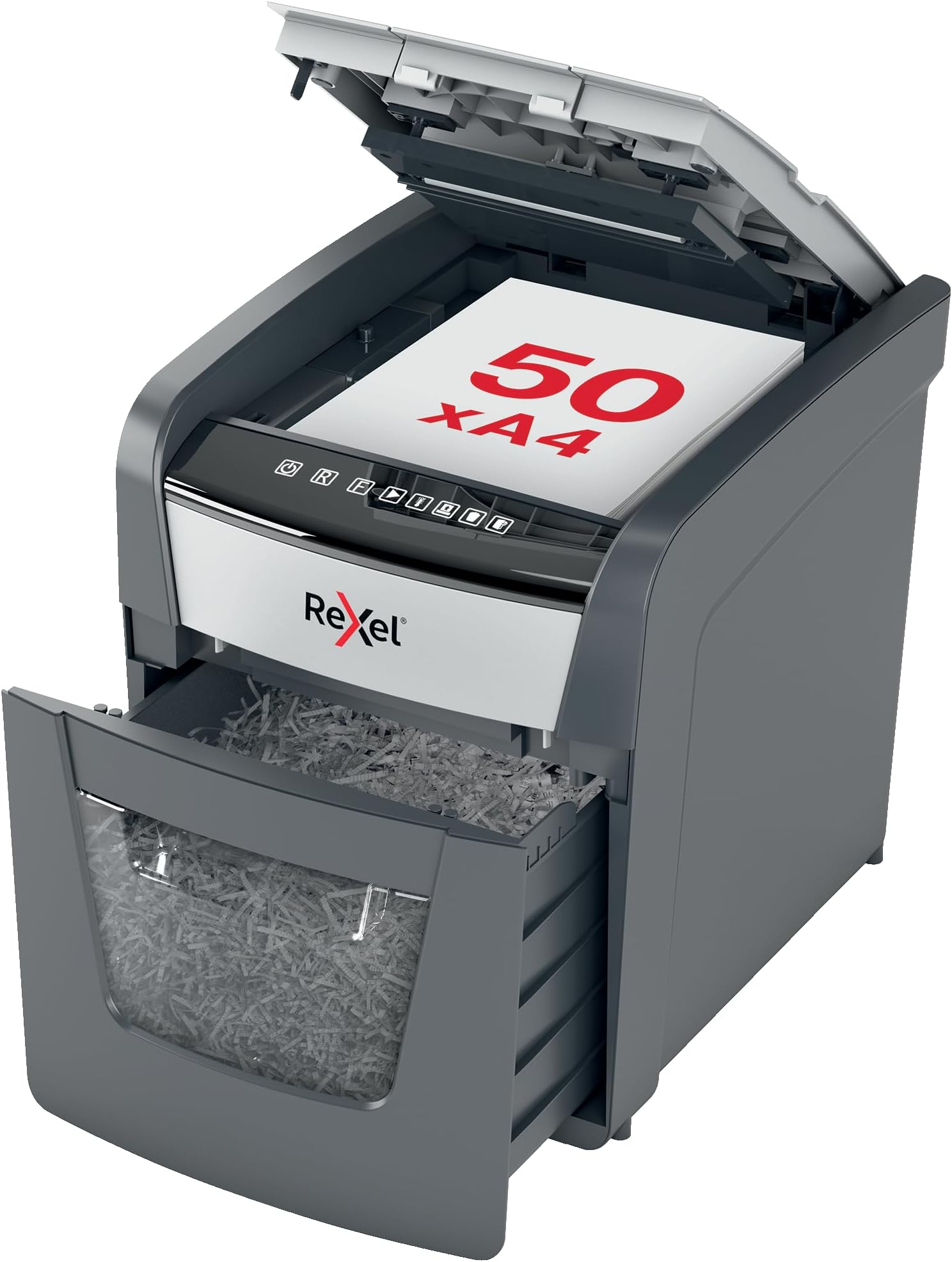 Rexel 20 Liter Automatic Feed + 50 Sheet Optimum Cross Cut Paper Shredder, P-4 Security Home Office Removable Bin Silver Model 2020050X -1 Years Full Warranty.
