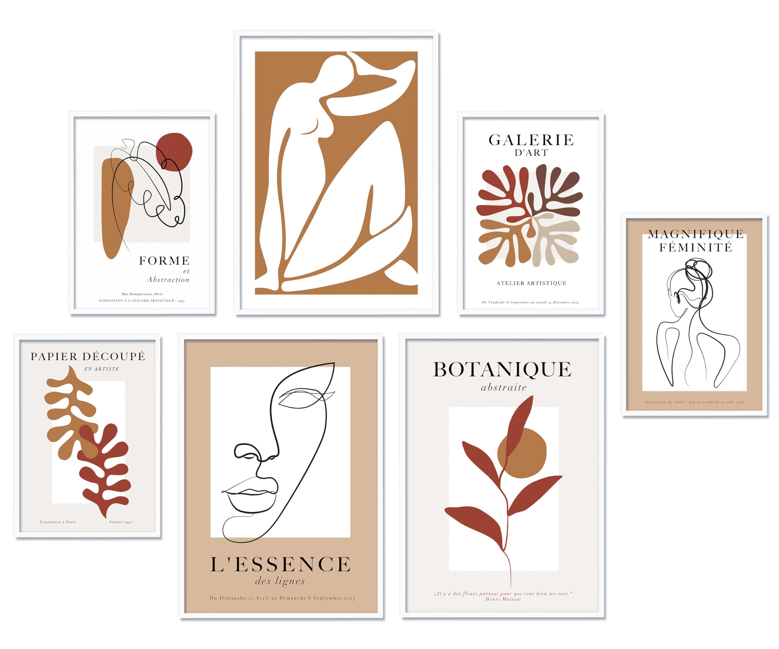 Hyggelig Home Premium Poster Set - 7 hochwertige Poster im Kunstdruck bunt Bauhaus aesthetic - für Wohnzimmer Schlafzimmer Esszimmer Flur - Set Matisse Art - Mit Rahmen weiß