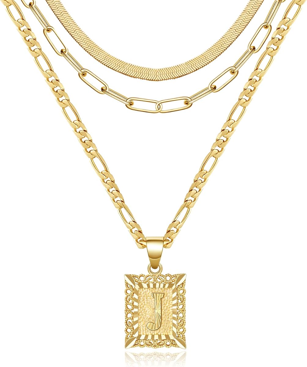 KissYan Juego de collar con inicial en capas de oro para mujer | Colgante de letra chapado en oro blanco/oro de 14 quilates con cadena de gargantilla de serpiente Figaro con clip, alfabetos de la A a la Z, regalos de joyería