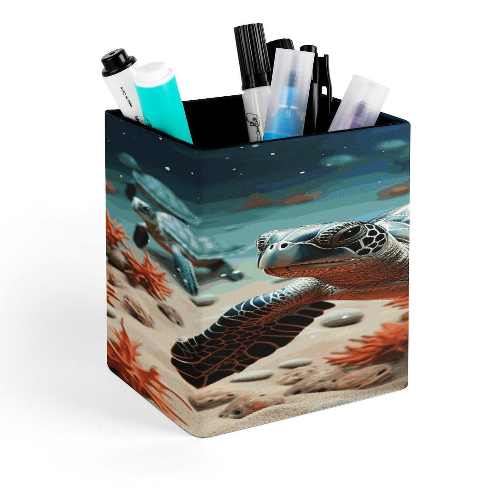 FekiLoot Turtle Starfish Pen Holder for Desk Minimalist Leather Pencil Holder Fashion Modern Pencil Cup Decorative Square Pen Cup Locker Organizer for Office Work Locker Accessories