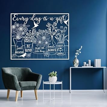 Metal Inspirational Wall Art, Farmhouse Wall Decor, Inspirational Quotes Wall Decor, Every Day is A Gift Wall Art, Metal Flowers Wall Decor, Modern Farmhouse Metal Wall Decor for Living Room 24"x19" | 60x47.5 cm, White