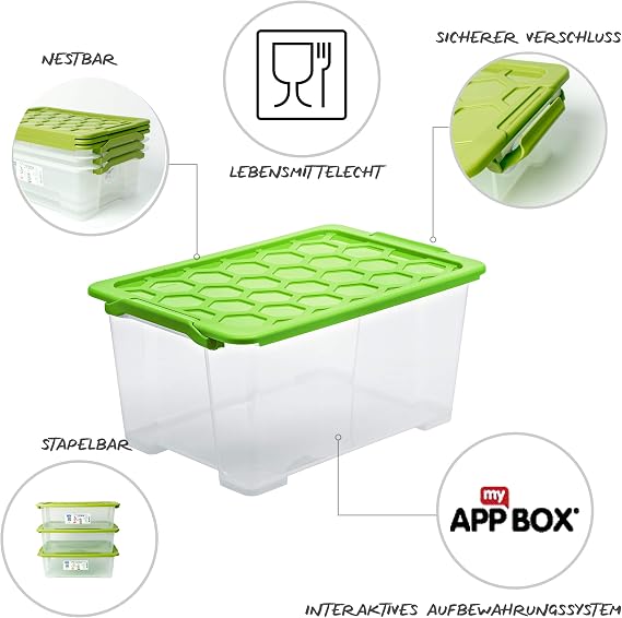 Rotho Evo Safe Keeping Set of 3 Storage boxes with lid 40 l, Plastic (PP) BPA-free, green/transparent, 3 x 44l (59,0 x 39,5 x 28,0 cm)