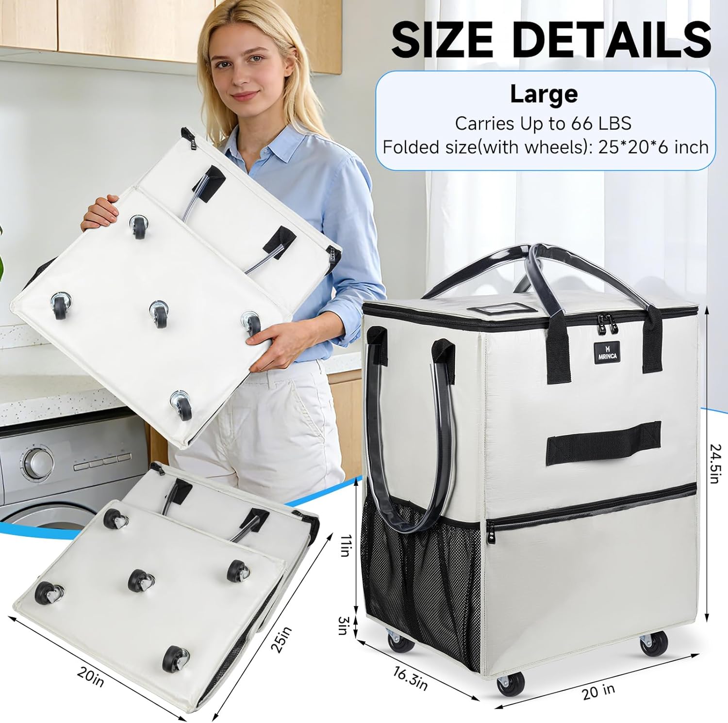 large reusable grocery bag on wheels, 130l foldable rolling tote with 5 wheels, multiple pockets, zippered top & heavy duty handle, lightweight shopping cart for groceries, travel, beige beige large