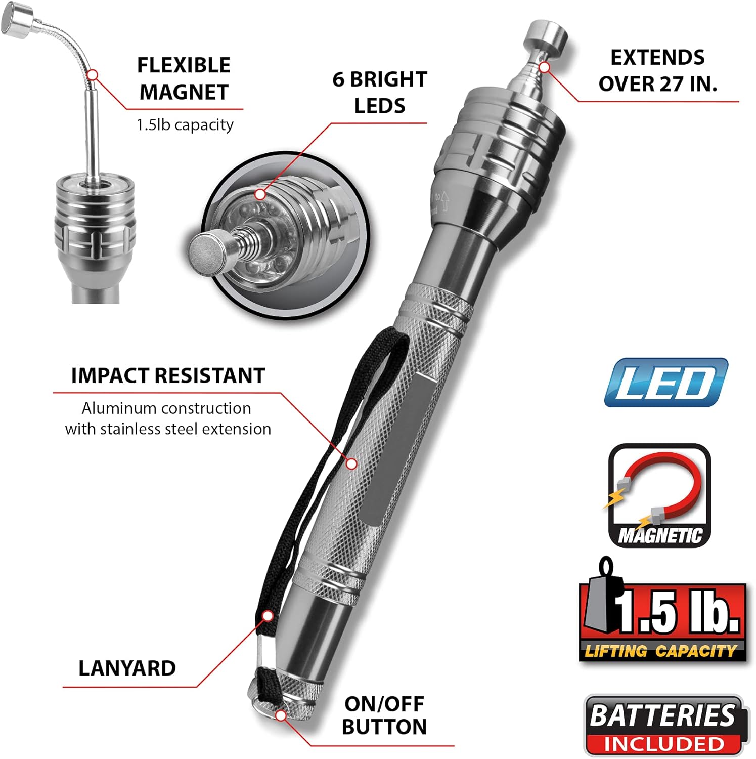 Diagram showing the features of the Performance Tool W1930, including flexible magnet, 6 bright LEDs, extension over 27 inches, impact-resistant aluminum construction, lanyard, and on/off button.
