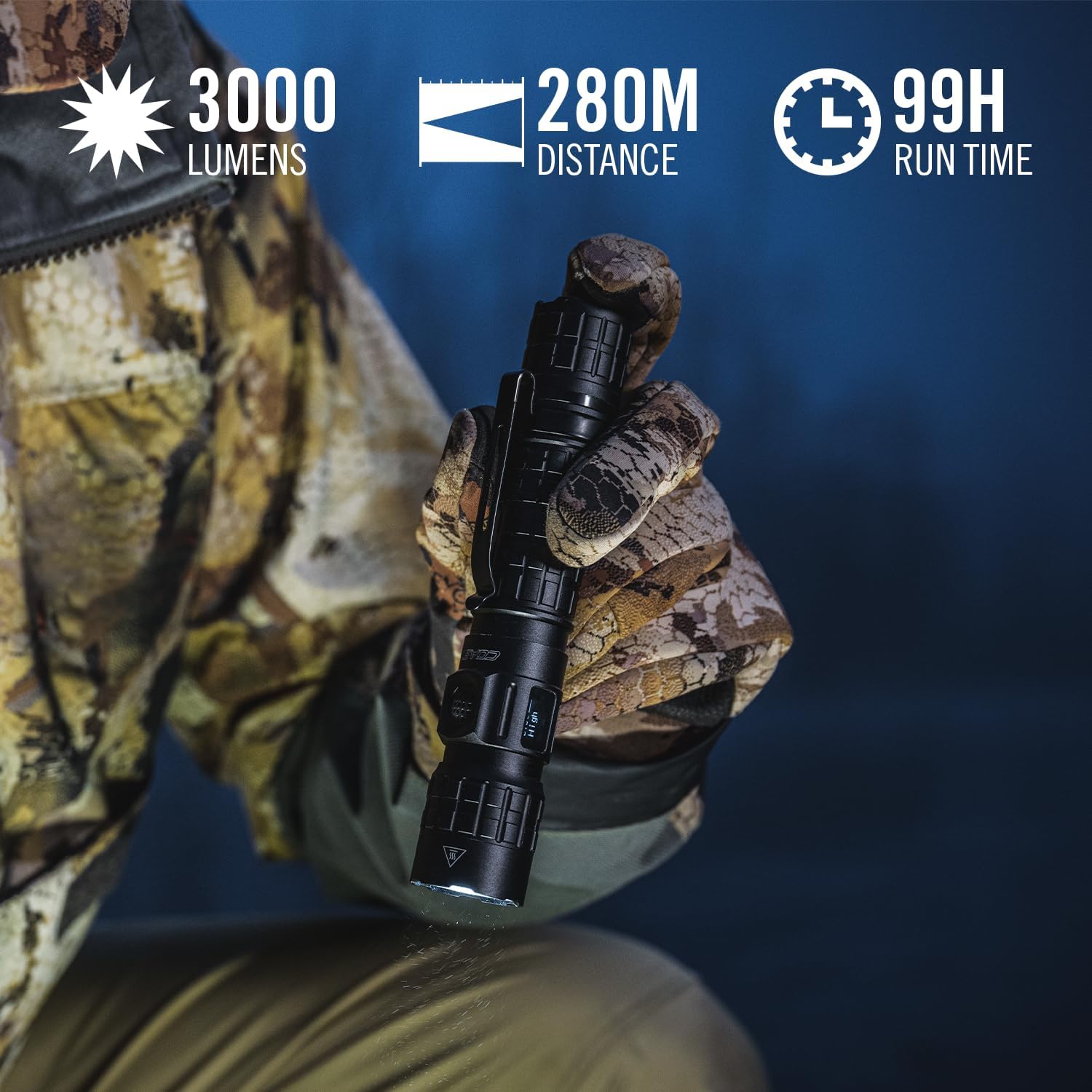 Coast TX300R 3000 Lumen Rechargeable Long Range Tactical LED Flashlight with Strobe, Spot and Flood Beams - POWERiQ™ Digital Display, Durable Aluminum Build