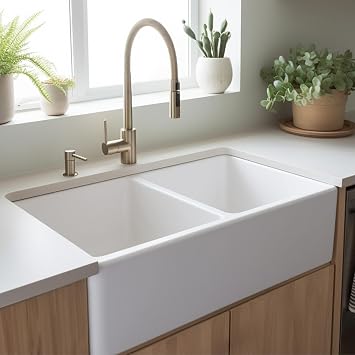 Sinkology Turner 33 in White Fireclay Farmhouse Sink, Double Bowl | SureFire chip-resistant glaze, apron front undermount, 50/50 double bowl, fits 36 in cabinet
