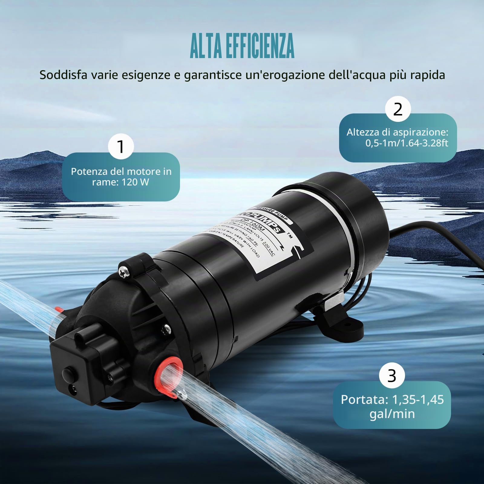 Pompa Acqua 120W 220V 11Bar Pompa a Pressione a Membrana Pompa Acqua Autoadescante ad Alta Pressione 5,5 l/min Mini Pompa a Membrana con Interruttore Automatico Pompa di Aumento della Pressione per