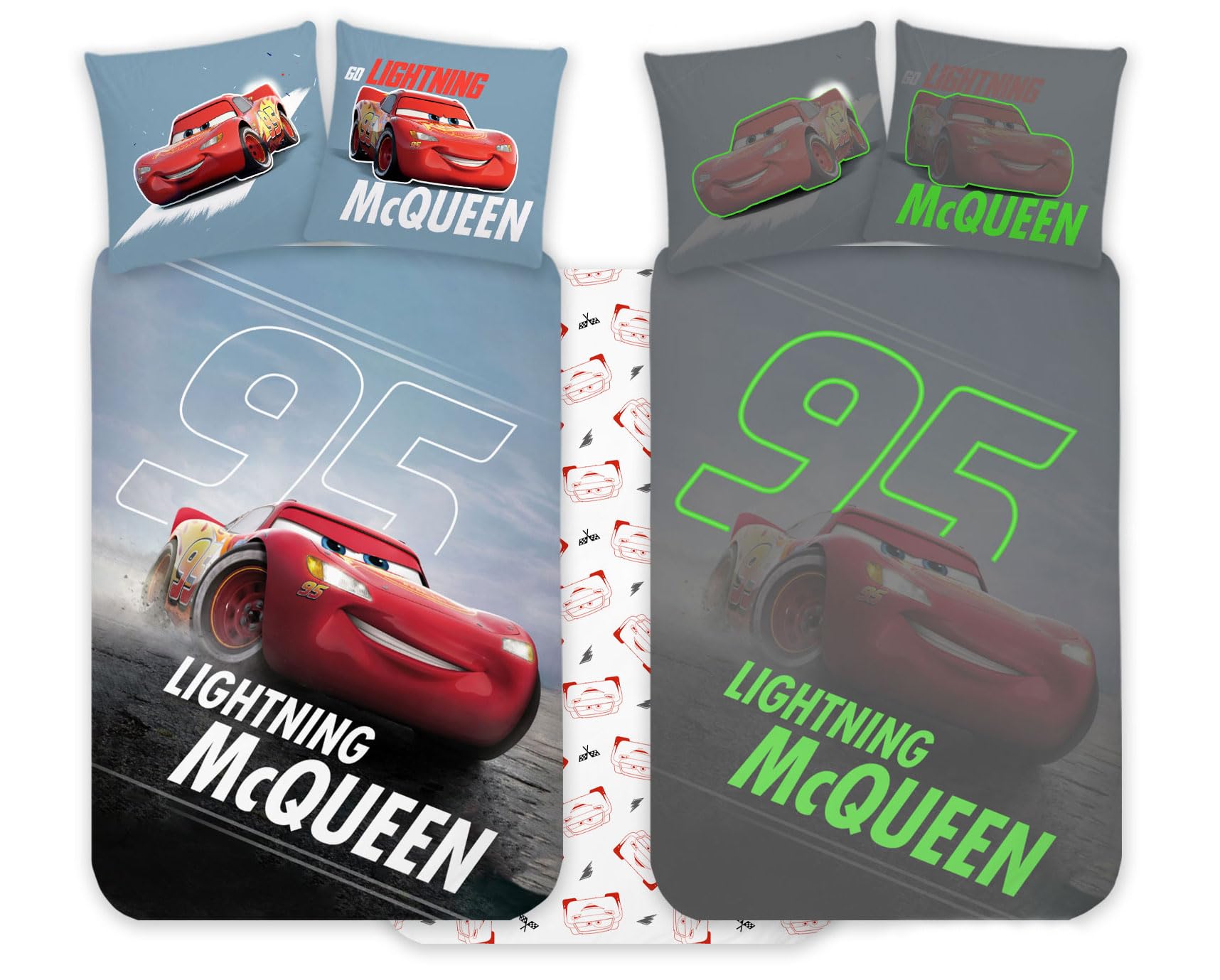 Parure de linge de lit Disney Cars Lightning McQueen pour lit de bébé 100x140 cm & Taie d'oreiller 40x45 cm | Ensemble de couette qui brille dans le noir pour enfants | Ensemble de literie réversible