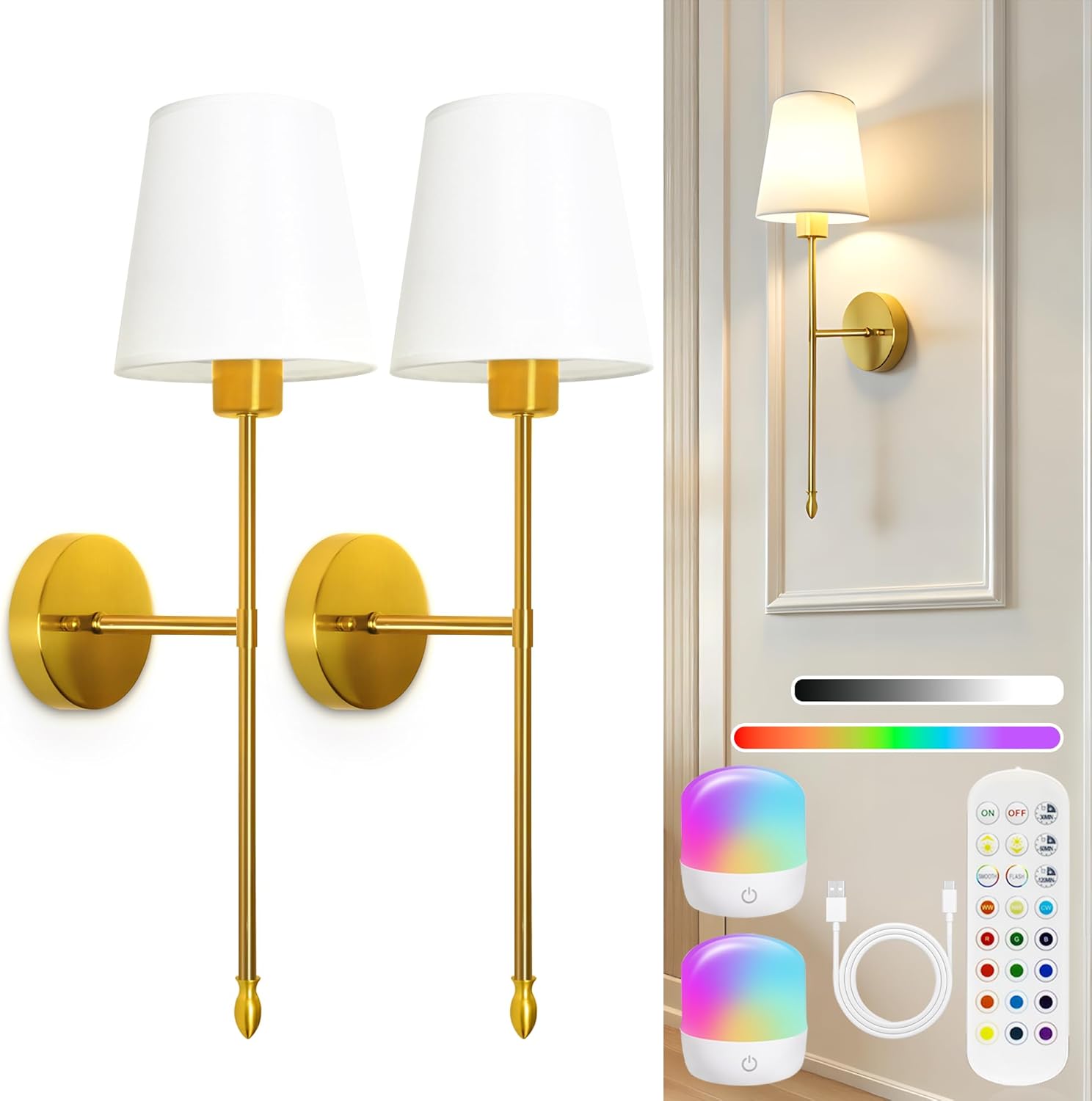 Battery Operated Wall Sconce Set of 2, Wireless Wall Sconce with Rechargeable Bulbs and Remote, 15 Colors & Dimmable, Gold Sconces Wall Decor for Bedroom Living Room Hallway
