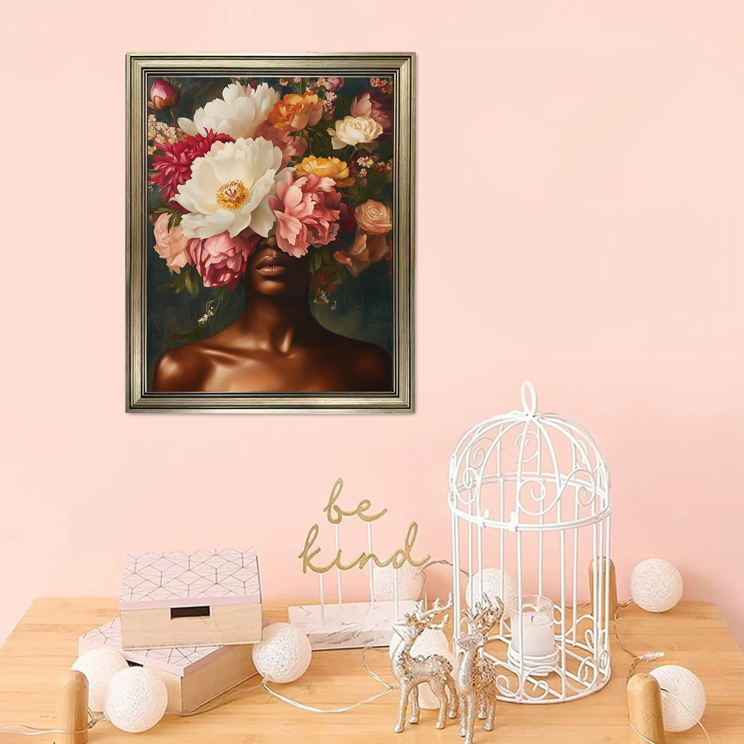 Vintage Framed Black Girl Wall Art Black Woman Portrait Oil Painting Modern Floral Blossom Canvas Print Artwork for Living Room Bedroom Wall Decor