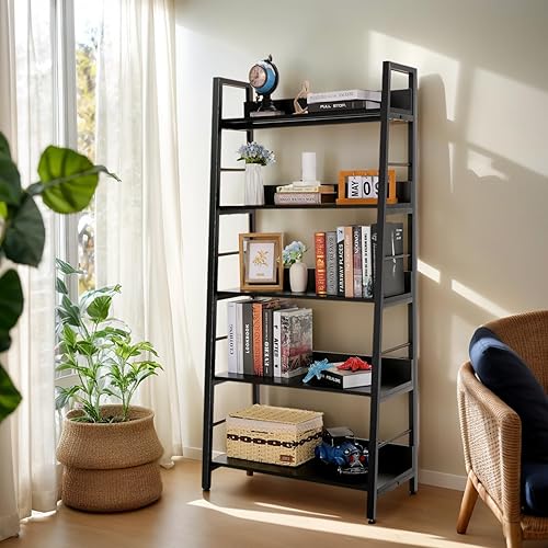 Miniatura 2 de BATHWA Estantería para libros de 5 niveles, estantería industrial rústica de madera de metal, marrón oscuro de 28 pulgadas de ancho y 59 pulgadas de