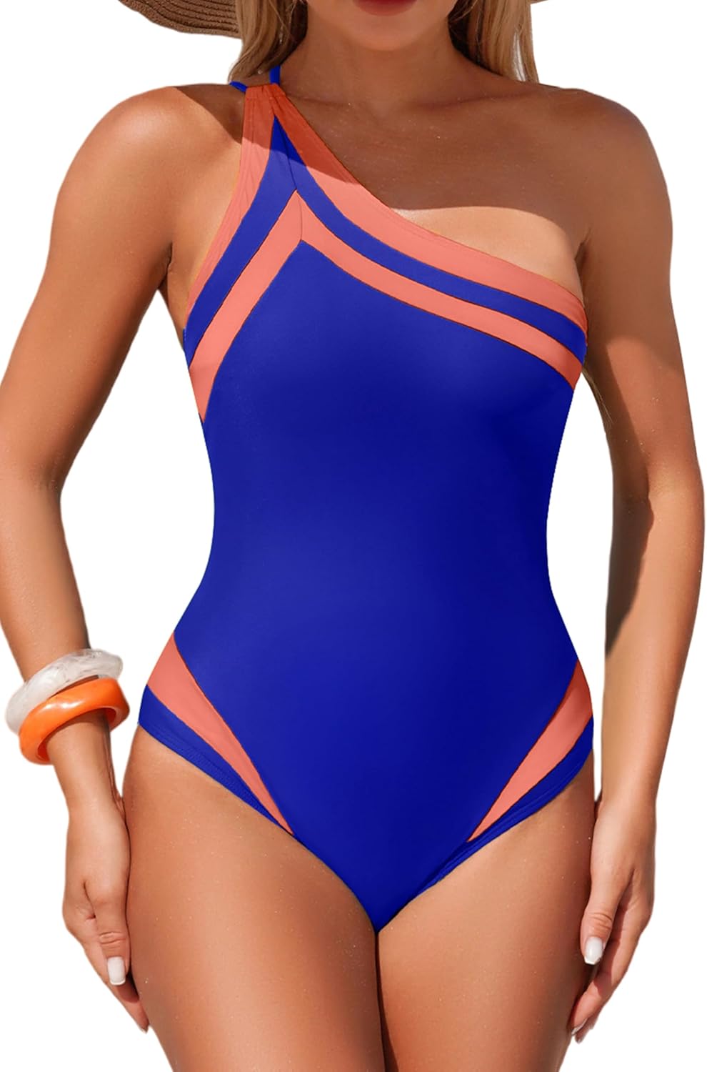 Women's One Piece Swimsuit One Shoulder Bathing Suits Tummy Control Flattering Color Block Slimming Swimwear