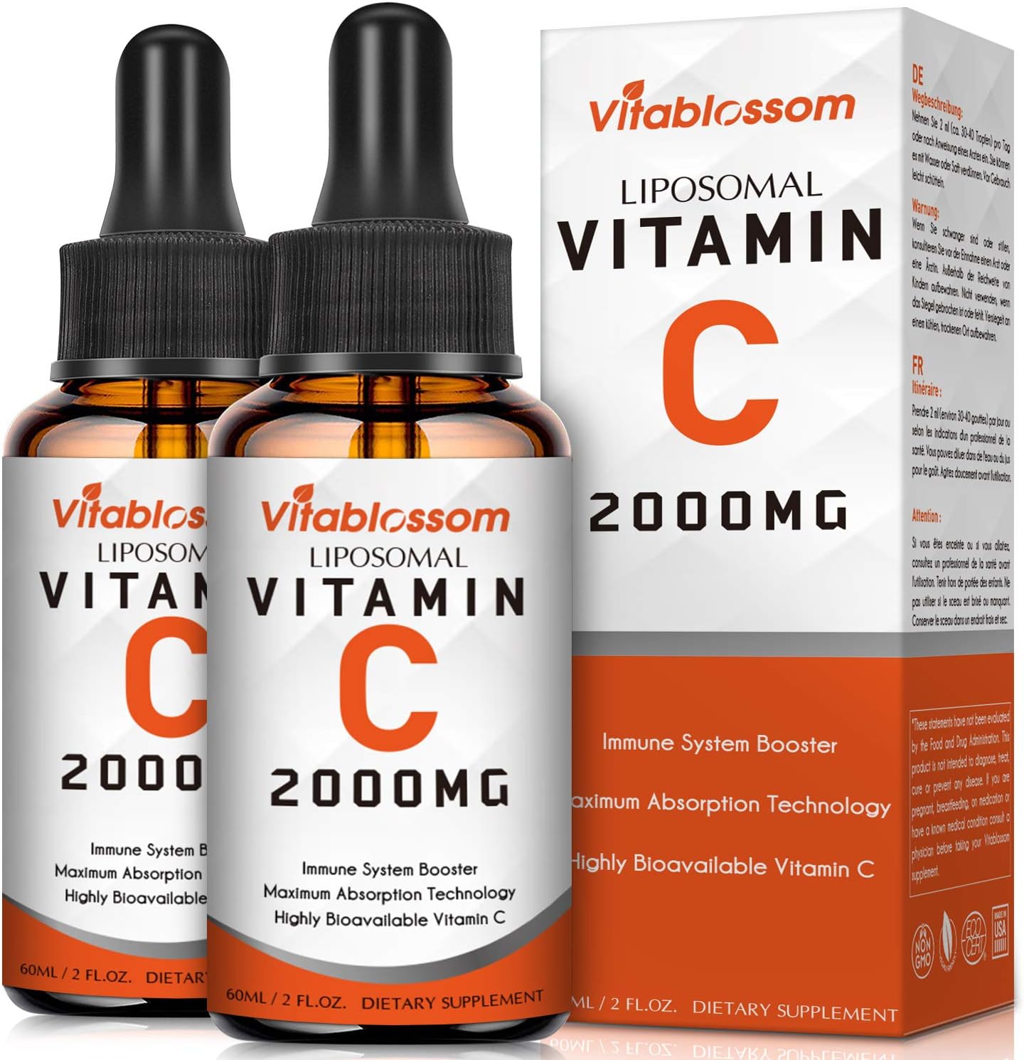 Maximum Absorption Liposomal Vitamin C | 2000MG | Greatly Supports Immune System & Collagen Health | Non GMO | Vegan Friendly | Pack of 2