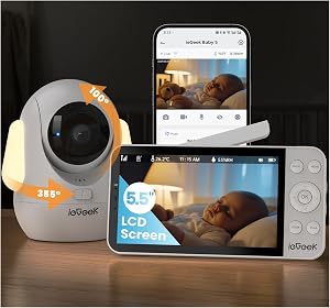 ieGeek 2.5K Baby Monitor with RGB Light, 4000mah Battery, 5.5" Wireless Display, Upgrade AI Face Cover/Prone Sleep Detection, 2.4G/5G WiFi Moniteur Bébé, 360° PTZ, Temp&Humidity, Smart Baby Camera