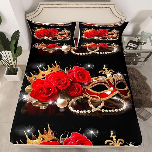 Juego de ropa de cama para parejas, diseño de rosa roja, corazón de amor, sábana bajera ajustable en forma de corazón, sábanas de perlas blancas en