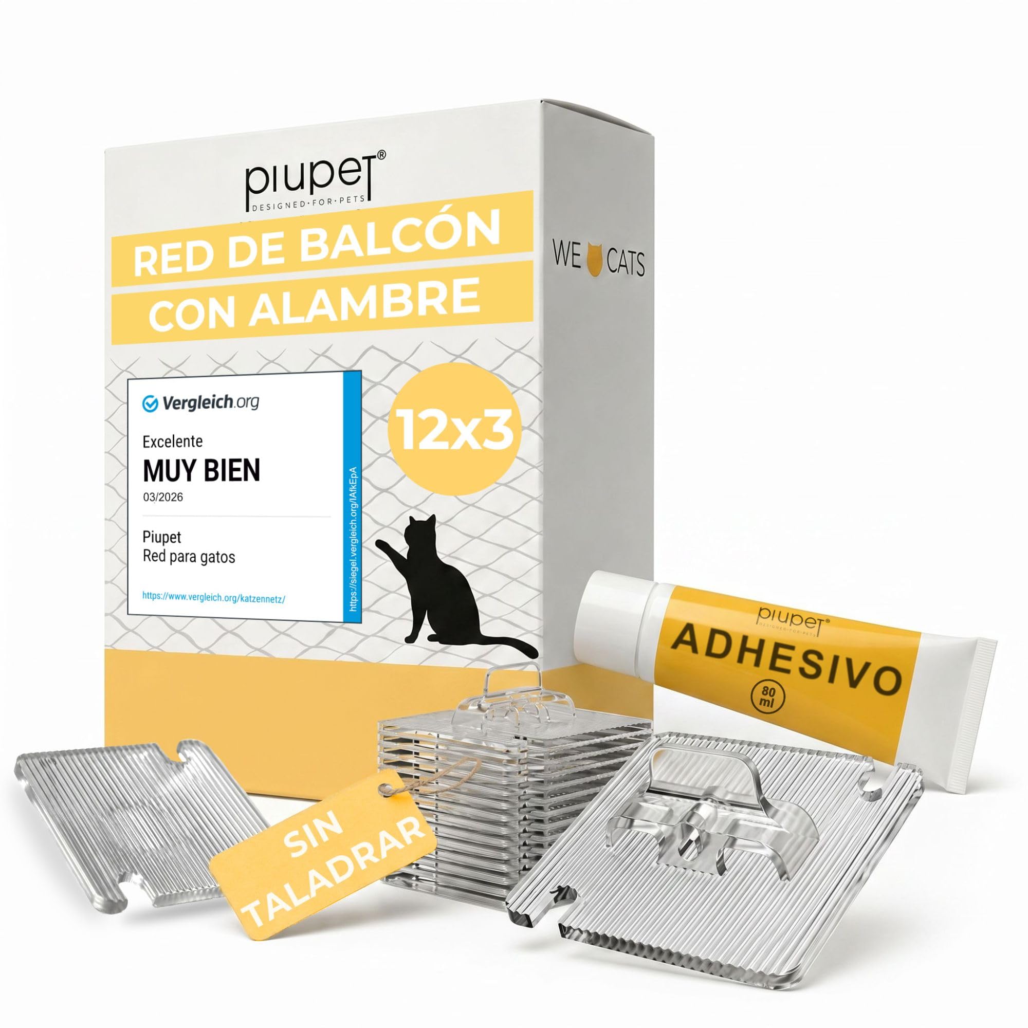 PiuPet® Juego Completo de Red para Gatos sin Necesidad de taladrar, 12 x 3 m (Negra) – Reforzada con Alambre, Incluye Ganchos Adhesivos y Adhesivo de Montaje para Balcones y Ventanas