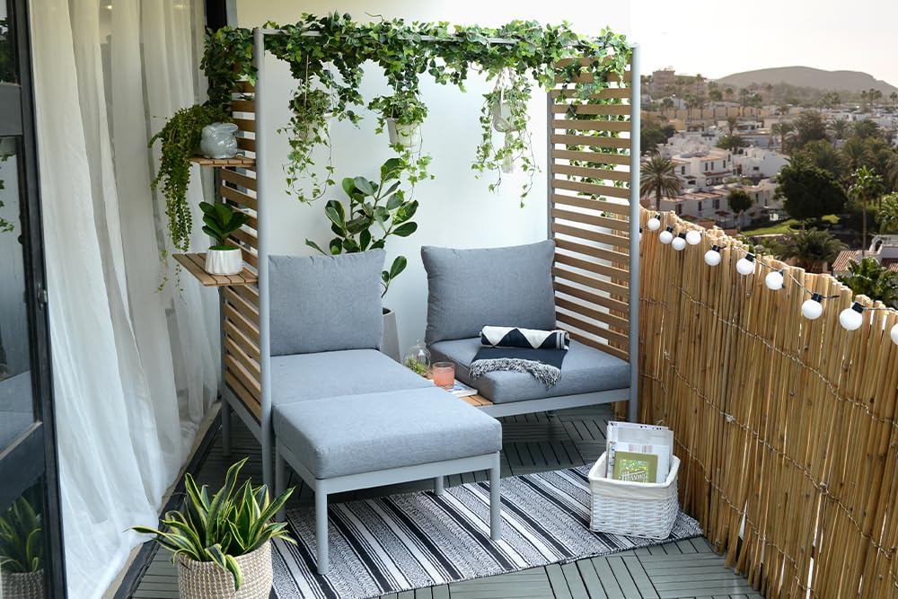 Riess Ambiente Outdoor Balkonlounge 2-Sitzer COCOONING anthrazit Aluminium Holz mit Hocker wetterfest