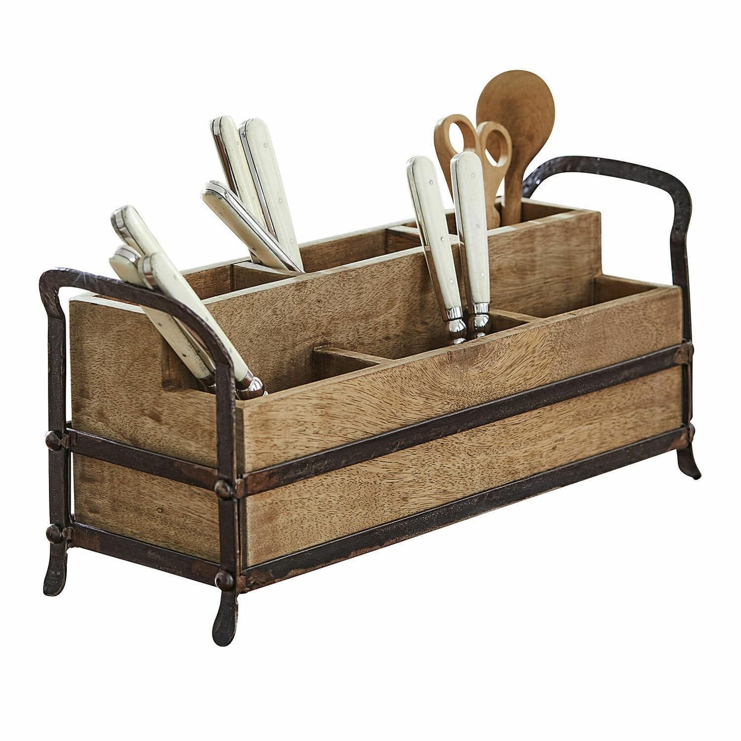 Loberon Organizer Troyes, braun/schwarz | sechs Fächer, hübsche Maserung, flexibel nutzbar, Aufbewahrung, Stiftehalter, Besteckkorb, Mangoholz, Eisen