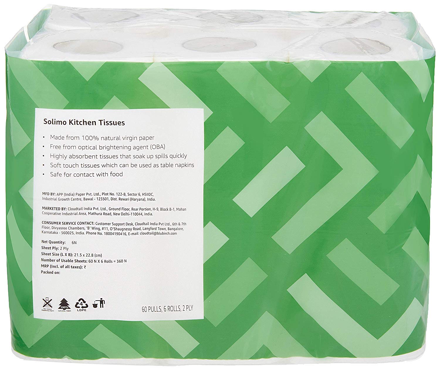 Amazon Brand - Solimo 2 Ply Kitchen Tissue/Towel Paper Roll | 360 Pulls | 60 Pulls X 6 Rolls | Soft and Highly Absorbent | 100% Natural Virgin Cellulose Fiber 4