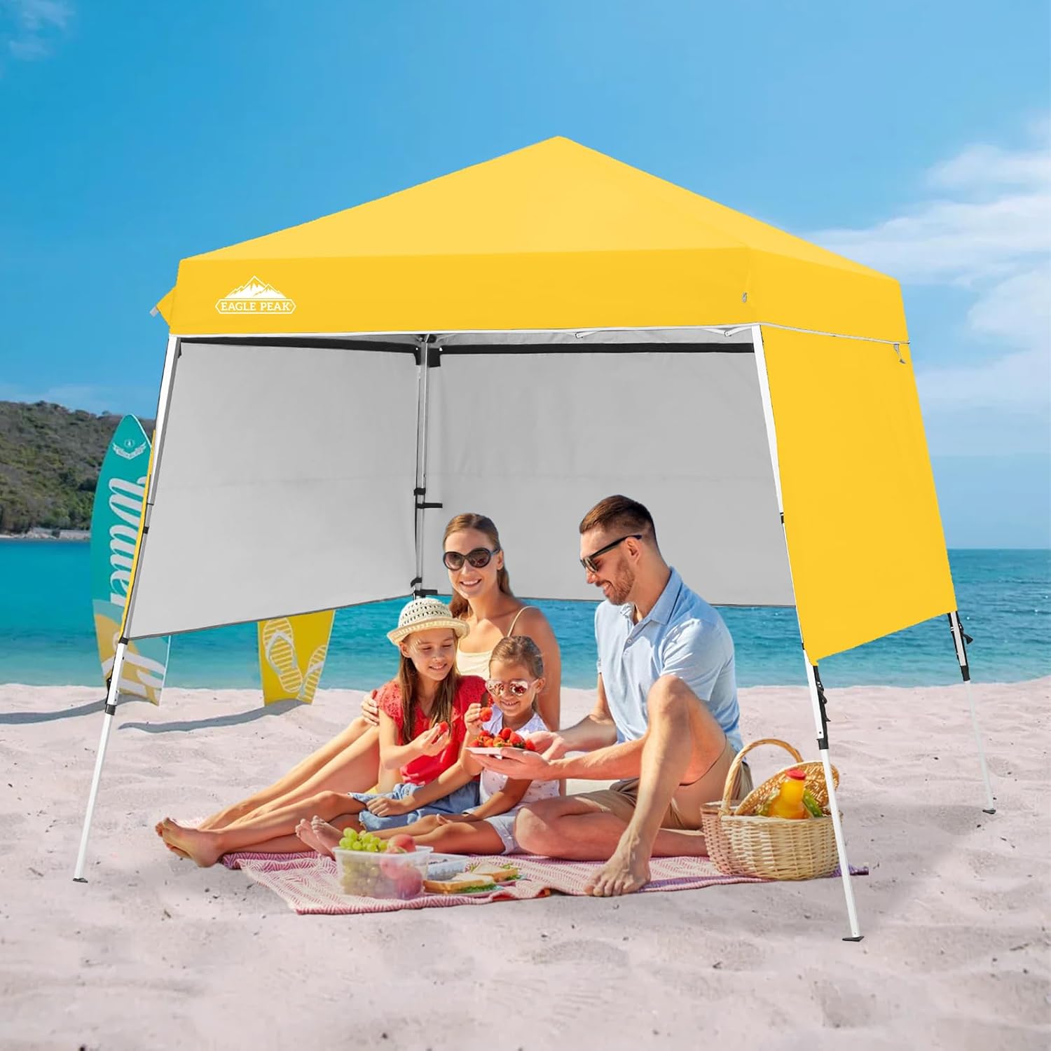 EAGLE PEAK Day Tripper 8x8 Aluminum Super-Lightweight Slant Leg Pop Up Canopy with 3 Removable Walls, Instant Outdoor Backpack Canopy Tent, Outside Beach Folding Sun Shelter, 8x8 Base 6x6 Top, Yellow