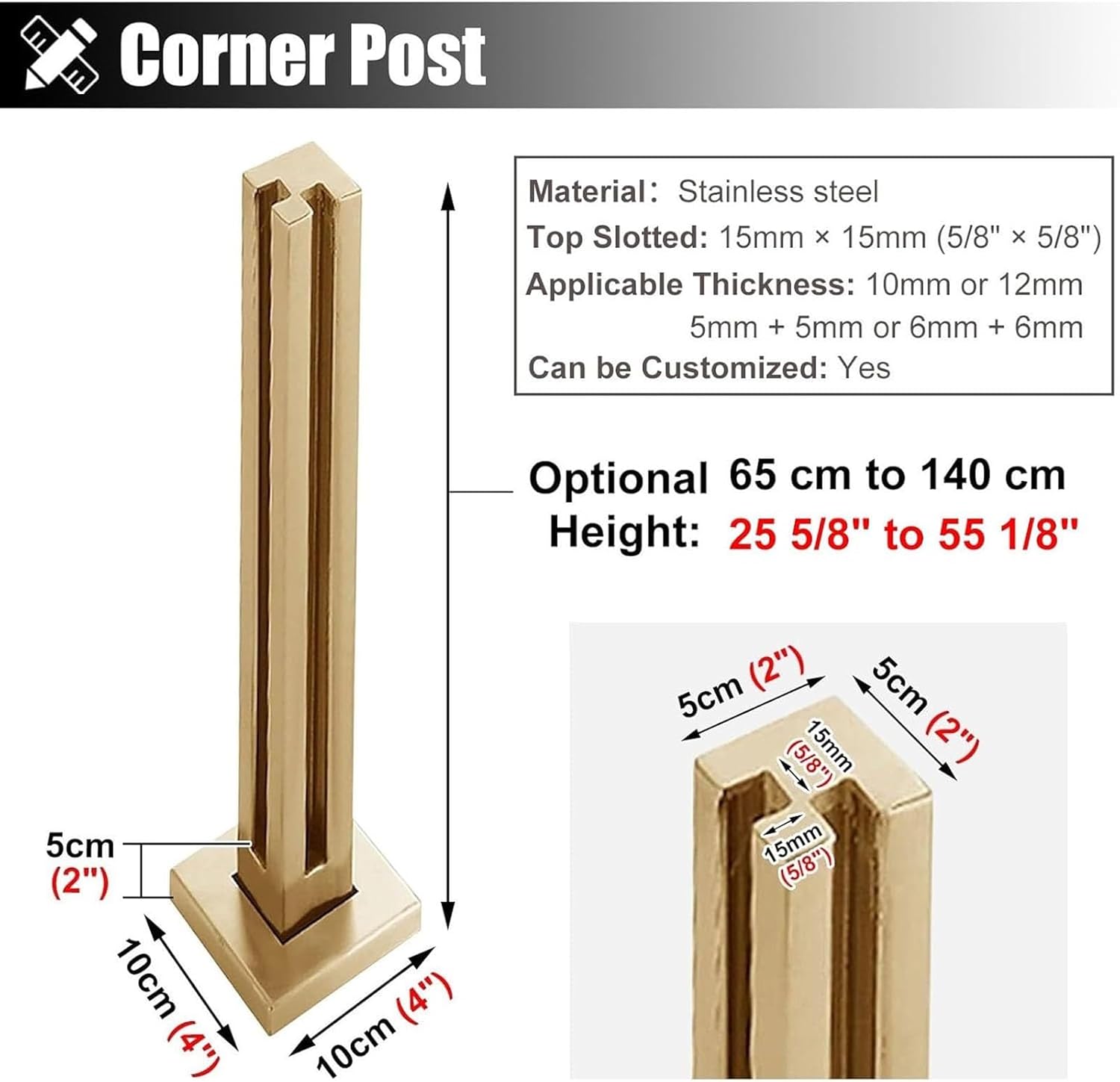 Gold Stainless Steel Glass Railing Post for 3/10-1/2in Panels, Heavy-Duty 304 with Spigot Slots & Sturdy Base, Ideal for Balcony, Stairway, Deck, Patio (Corner Post, 115c