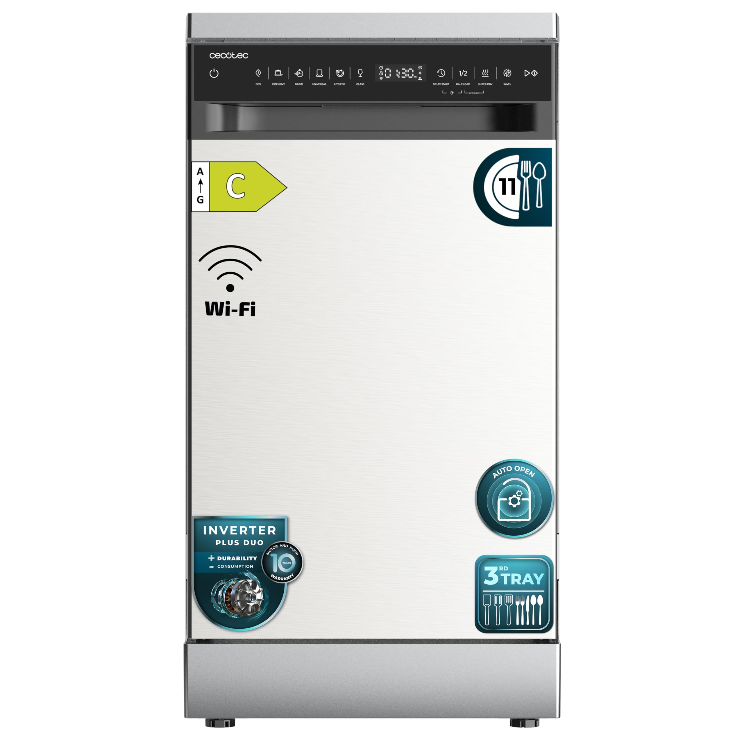 Cecotec Lavastoviglie Libera Installazione 45cm Bolero Aguazero 4560 Inox Connected. 11 Coperti, 6 Programmi, Classe C, Inverter Plus Duo, Pannello Touch,WiFi, O2Dry, Super Dry, Save+, AutoClean, Inox