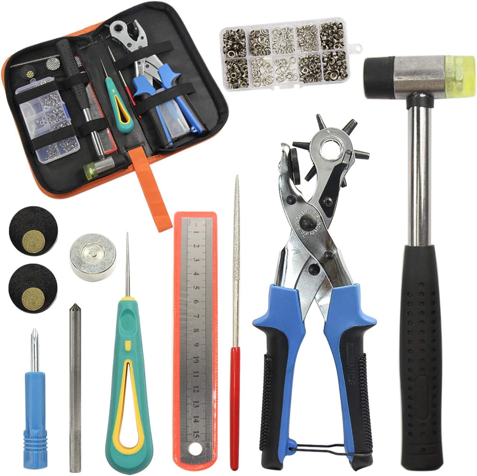 Leather Hole Punch Plier with Grommet Eyelets Kit,Punching Pliers for Leather, Belts, Paper, Clothes for Decoration and Repair, 6 Size Holes,2mm, 2.5mm, 3mm, 3.5mm, 4mm，4.5mm